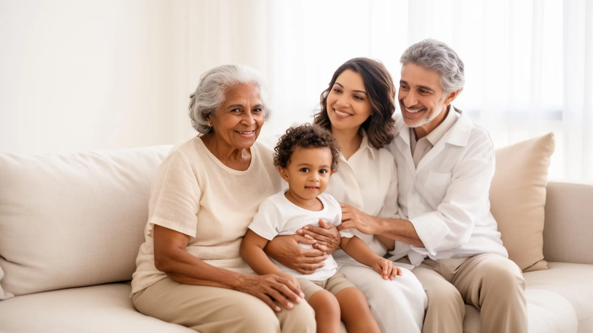 Família multigeracional sorrindo, representando proteção em saúde